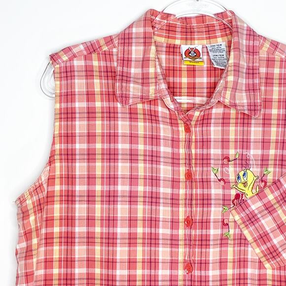 Looney Tunes Tweety Shirt Plaid Embroidered Sleeveless Button‎ Up Size 14W 16W - Picture 2 of 10